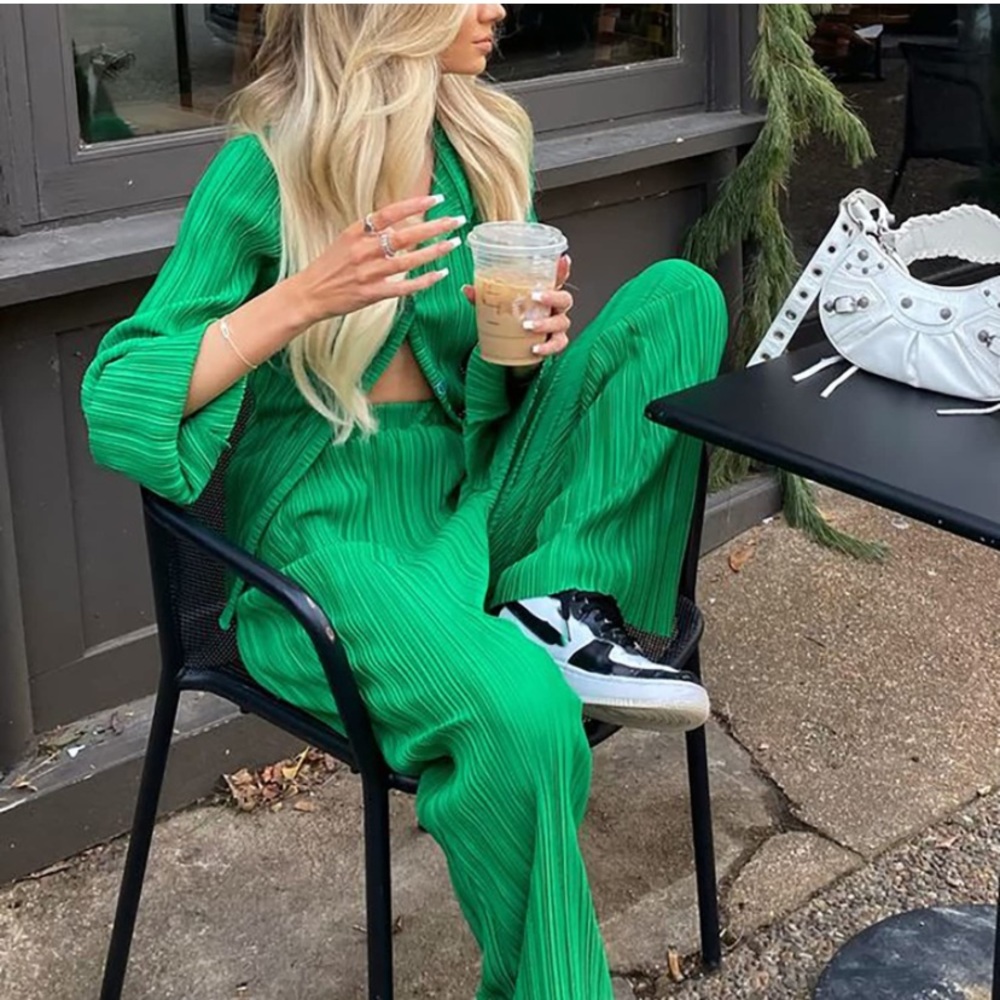 Pleated Matching Set: Long Sleeve Button Down And… - image 3